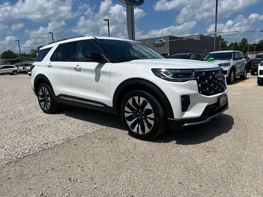 2025 Ford Explorer Platinum in Star White Metallic Tri-Coat — front three-quarter view