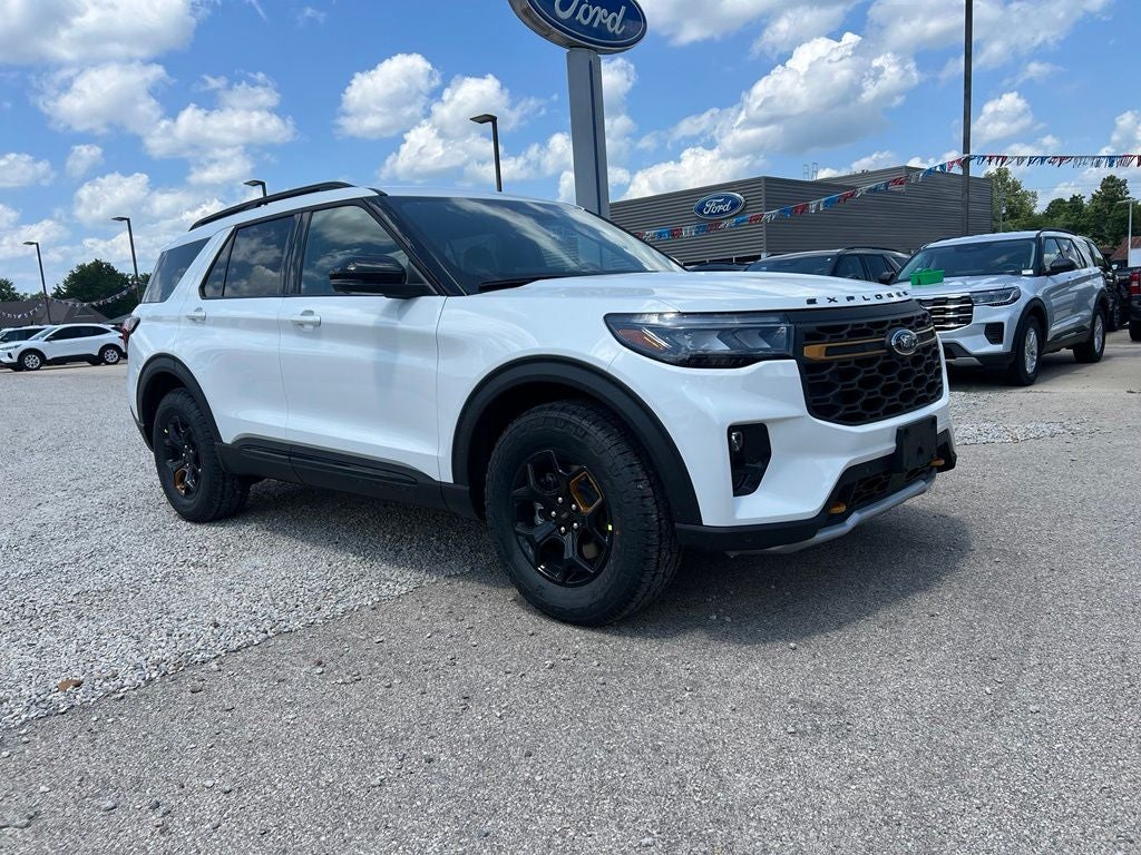 2026 Ford Explorer Tremor in Star White Metallic Tri-Coat — front three-quarter view